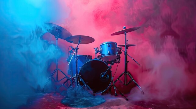 Dynamic Drum Set Surrounded by Colorful Fog in a Music Venue