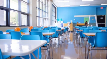 empty modern high school classroom with blue chairs and white tables large windows and teacher's desk calm atmosphere