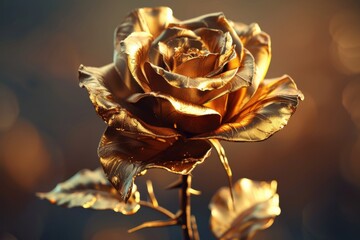 Golden Rose. Romantic 3D Rendering of Love Symbol Flower Sculpture