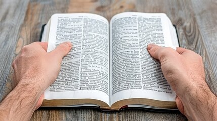 Person Reading an Open Book With Thin Pages on a Wooden Table