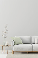 Minimalist living room interiors with a subte oriental twist and copyspace for text. Residential Real Estate interiors design composition.