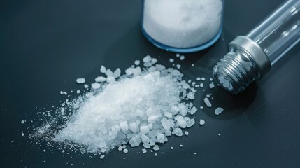Close Up of Coarse and Fine Salt With Glass Container on Dark Surface