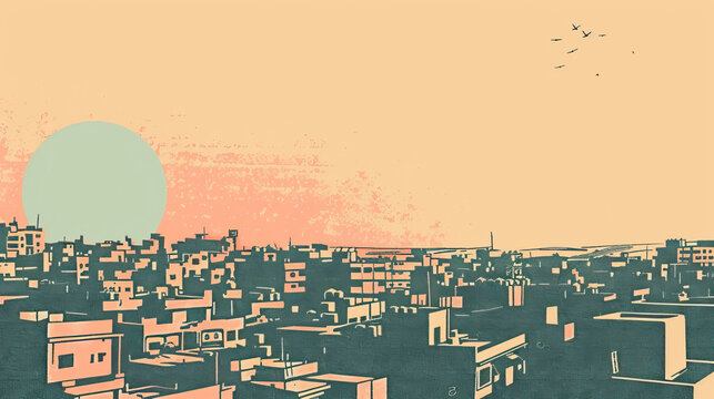 Risograph vintage riso print travel poster, card, wallpaper or banner illustration, modern, isolated, clear, simple of Douma, Syria
