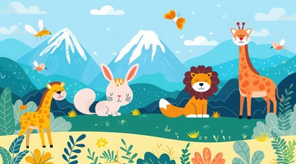 Obraz premium National Wildlife Day illustration of various wildlife such as lions, giraffes, foxes, bunnies, elephants, on the background of mountains