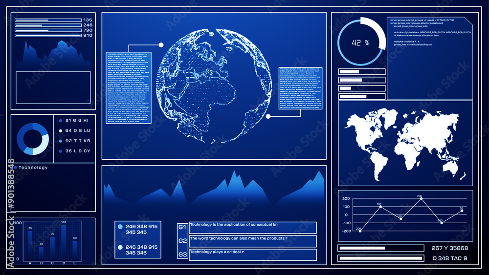 Poster digital dashboard featuring global data analytics, including charts, graphs, and a map visualization
