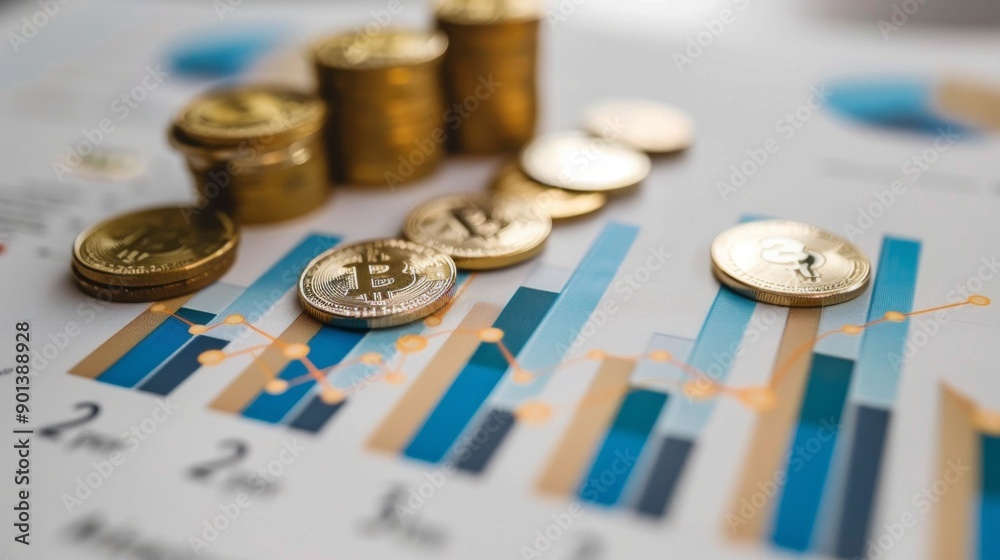 Poster A stack of coins and a graph with blue and white lines
