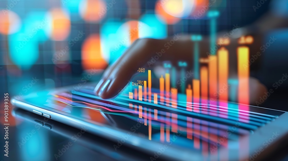 Poster close up of a finger interacting with a tablet screen displaying data visualizations and charts, sho