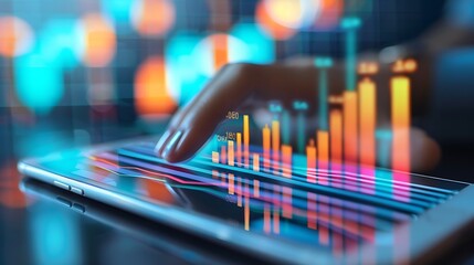 Close up of a finger interacting with a tablet screen displaying data visualizations and charts, showcasing a modern approach to business analysis.