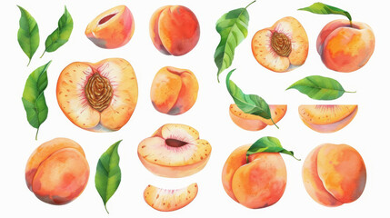 A high-resolution image showcasing a set of fresh, ripe peaches and their different parts. This includes whole peaches, halved peaches, slices, and peach leaves. The image emphasizes the textures and 