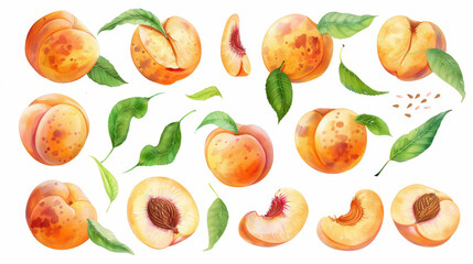 Naklejka premium A high-resolution image showcasing a set of fresh, ripe peaches and their different parts. This includes whole peaches, halved peaches, slices, and peach leaves. The image emphasizes the textures and 