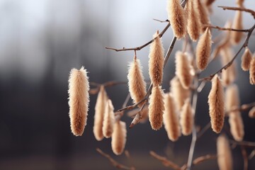 Naklejka premium Close-up of soft catkins on a tree branch during early spring