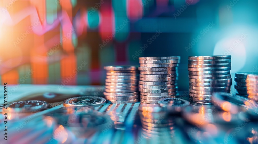 Aufkleber A stack of coins on a table with a graph in the background