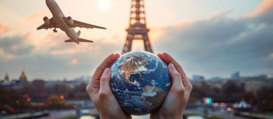 hand with globe and travel destinations, travel agency