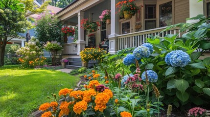 Obraz premium Close-up of blooming hydrangeas and marigolds in a front garden, with the house's charming porch visible in the background.