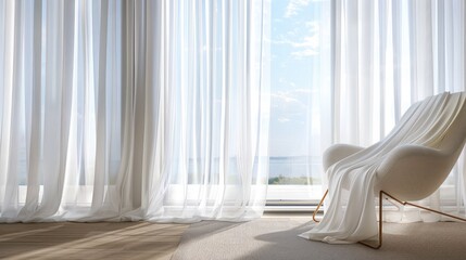 Elegant sheer curtains billowing softly in the breeze from an open window, creating a serene and airy atmosphere.