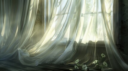 Elegant sheer curtains billowing softly in the breeze from an open window, creating a serene and airy atmosphere.