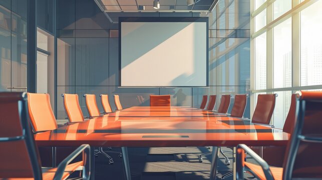 Empty boardroom with a projector, symbolizing corporate meetings and presentations.