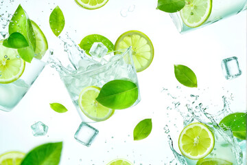 Fresh green lemon slices and ice cubes floating in bubbly white water, creating  refreshing summer scene. Light background with a crisp, clean aesthetic. Ideal for summer, freshness, beverage concepts