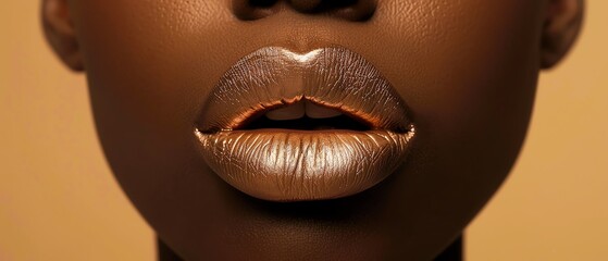 Close-up of metallic gold lips on dark complexion, showcasing vibrant makeup artistry against a soft golden background.