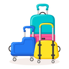 Bon Voyage concept. Traveling suitcases and bags on wheels. Cabin luggage and check in baggage