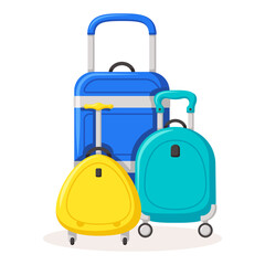 Bon Voyage concept. Traveling suitcases and bags on wheels. Cabin luggage and check in baggage