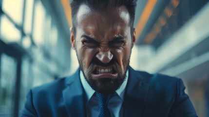 Fototapeta premium Angry looking businessman working in the office, stressed adult at work