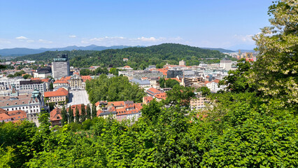 panorama of Ljubljana town seen from the top of the Ljubljana castle in bright spring day