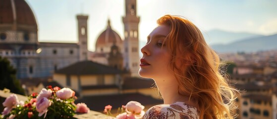 Fototapeta premium Elegant woman with red hair enjoying a scenic sunset view over Florence, Italy, surrounded by blooming flowers.