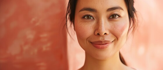 Naklejka premium Portrait of a smiling woman with natural makeup and a soft background, exuding confidence and warmth.