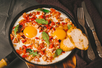 Shakshuka, scrambled eggs with tomatoes, capsicum, bacon and onions in a cast iron pan with toasted bread on a gray background with a knife and fork