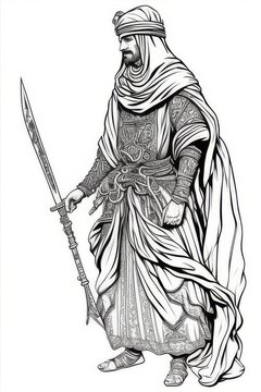 arab warrior holding sword, black and white