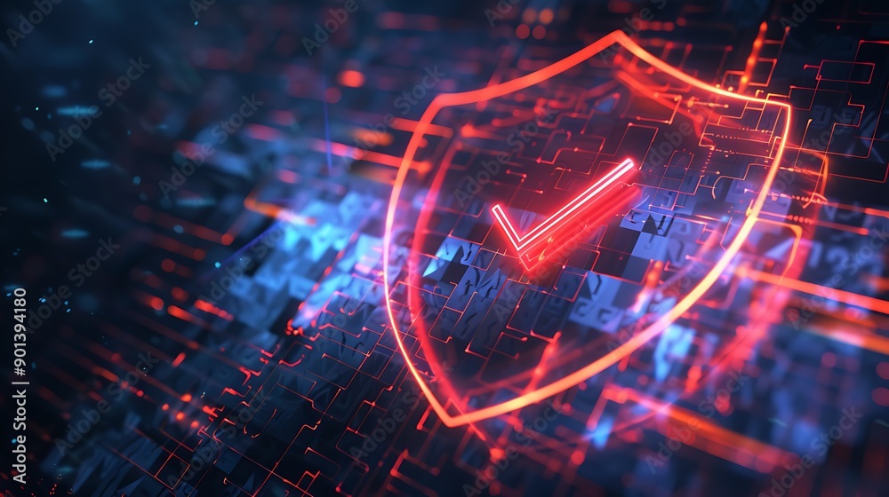 Poster glowing red shield with a checkmark inside, symbolizing digital security and data protection.