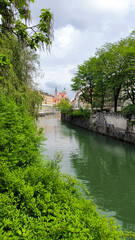 Ljubljana city on the banks of Ljubljanica river 