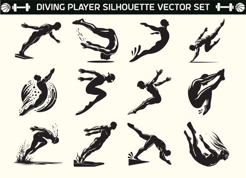 Diving Player silhouette vector in illustration set