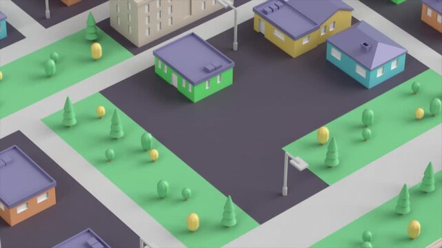 A dynamically animated camera that flies over a low-poly city with houses.