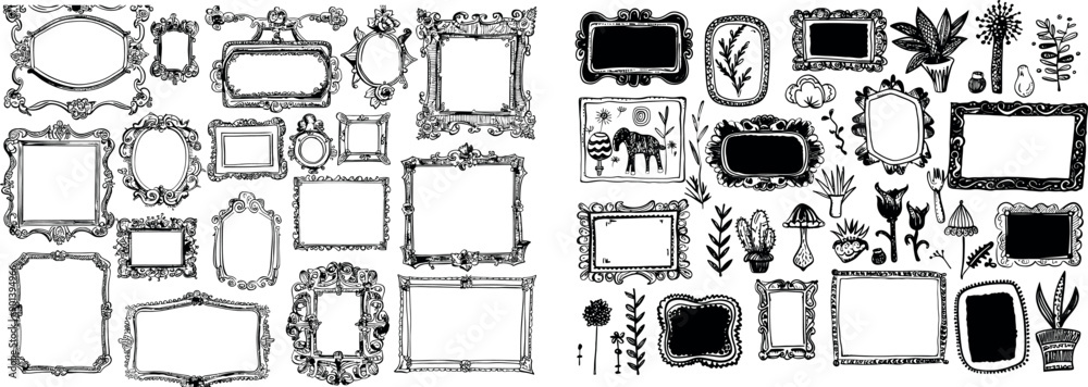 Poster black blank square cadre sketches painted by hands in a modern set.