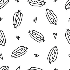 Cute hot dog seamless pattern. doodle vector illustration. Template for Notebook covers, pattern for wallpapers, textile or for cafe, fast food restaurant. hand-drawn vector childish art. junk food
