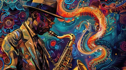 Obraz premium A vibrant jazz musician plays saxophone, surrounded by a colorful abstract background, capturing the essence of musical passion.