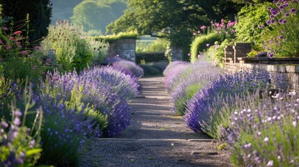 Obraz premium Rows of lavender in a well-maintained garden, with the flowers in full bloom and a gentle breeze swaying the stems.