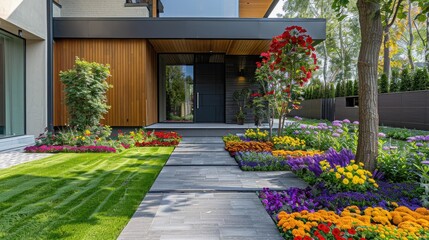 Obraz premium Vibrant flower beds lining the pathway leading to the front door of a modern house, creating a welcoming and lively entrance.