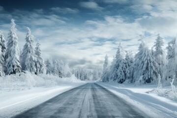 Fototapeta premium Serene snow-covered landscape with a road winding through frosty trees under a bright blue sky