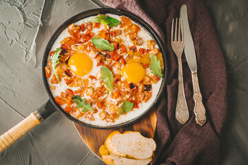 Scrambled eggs with tomatoes, peppers, shallots and bacon in a cast iron skillet with slices of bread. Delicious, nutritious and healthy breakfast Gray background, burgundy napkin. High quality photo