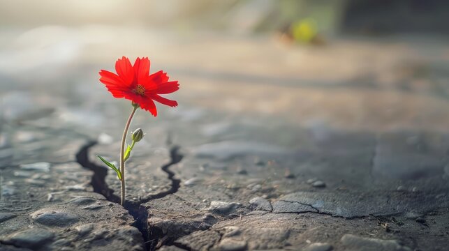 Single flower growing through a crack in the pavement, symbolizing resilience and beauty.