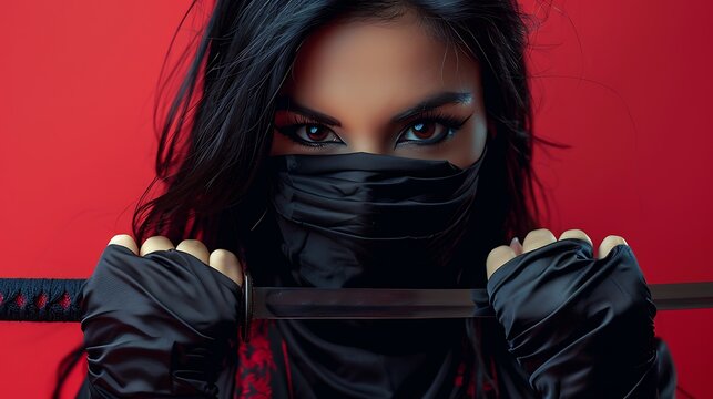 Close up portrait of a woman in a black mask holding a katana sword, showcasing her intense expression and powerful presence.