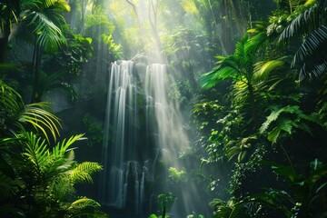 Fototapeta premium Scenic view of a cascading waterfall in the heart of a lush tropical rainforest