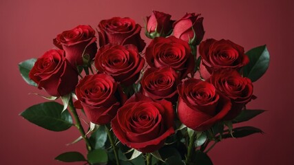 Obraz premium Bouquet of red roses on red background, valentines day, romantic.