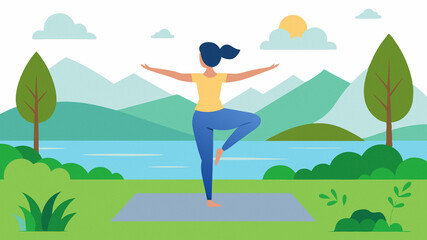 Illustration of a woman performing tree pose on a yoga mat among picturesque mountains, in the background there are green hills, distant mountains, trees and a sunny sky with light clouds
