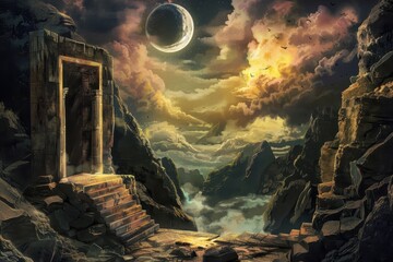 Fototapeta premium Mysterious stone ruins in a mystical mountain landscape with a crescent moon