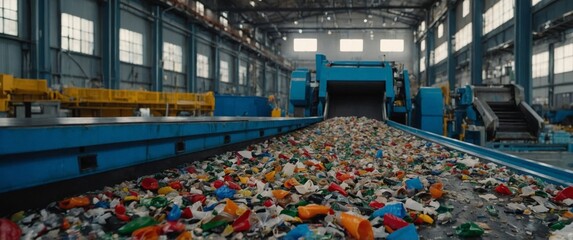 Recycling machine sorting plastic waste in factory with conveyor belts in the background Concept Plastic Recycling, Factory Machinery, Conveyor Belt System, Waste Management,.