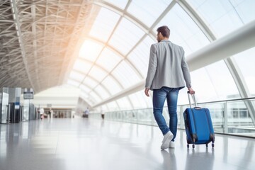 Luggage walking airport jeans.